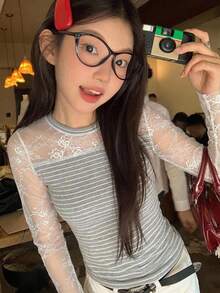 DAZY 女款純色圓領修身短袖打底T恤 - 灰色 - 查看 5
