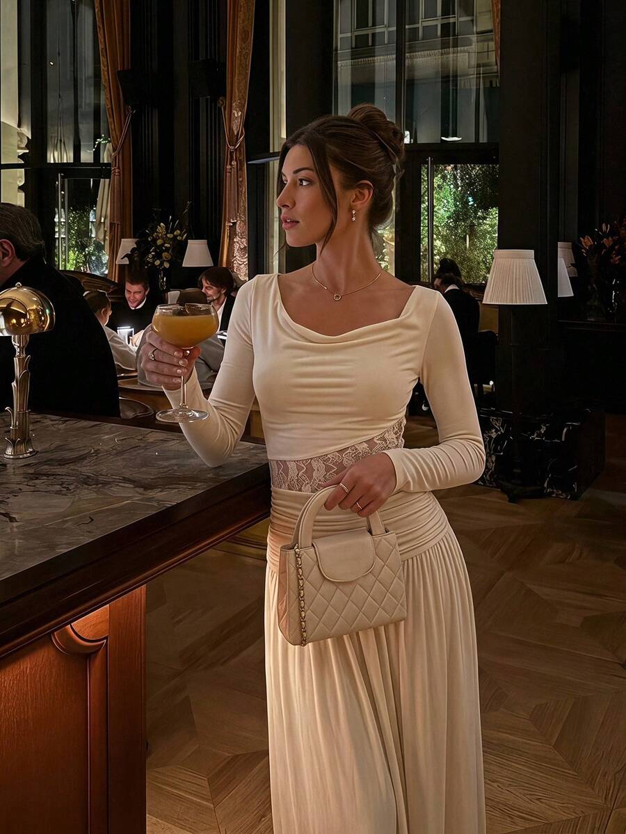 Enchnt Women's Elegant Long Sleeve Contrast Lace Knit Dress - White - View 1