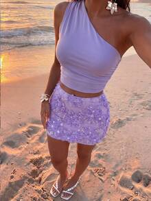 SHEIN Women's Blue Elegant Pleated Shoulder Top And Sequin 3D Floral Mini Skirt Set - Purple - View 4