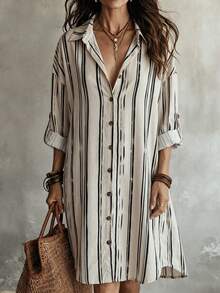 SHEIN LUNE Women's New Autumn Beige Base Asymmetrical Black Vertical Striped Shirt, Turn-Down Collar, Button-Up, Roll-Up Sleeves, Loose Long Over-The-Knee Shirt Dress - Multicolor - View 4