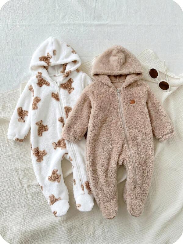 SHEIN 2pcs Newborn Baby Boy Baby Girl Autumn/Winter Cute Casual Cartoon Bear Pattern Fuzzy Hooded Footed Romper Set, Unisex Baby Clothes, Baby Winter Clothes