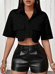 BamGleam Solid Color Collared Pocket Short Sleeve Shirt, Summer,Short Sleeve Tops - Black - View 1