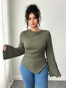 Elenzga Plus Size Solid Color Bell Sleeve Asymmetric Hem T-Shirt - Olive Green - View 1