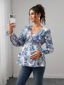 Momance Maternity Floral Print V-Neck Flare Sleeve Elegant Blouse Fall - Blue - View 3