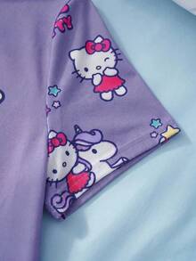 HELLO KITTY AND FRIENDS | SHEIN 2件組可愛休閒風青少年女孩圓領短袖上衣與短褲舒適居家服套裝 - 紫色 - 查看 5