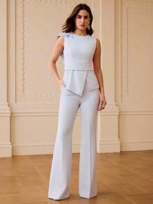 ZEYLAH Women's Solid Color Sleeveless Top And Flare Pants Casual Daily 2 Pieces Set - Dusty Blue - View 3