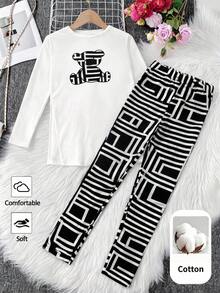 SHEIN Tween女孩秋季休閒開衩下擺修身上衣與熊圖案內搭褲套裝，黑白針織長袖打底層，運動風 - 白色 - 查看 4