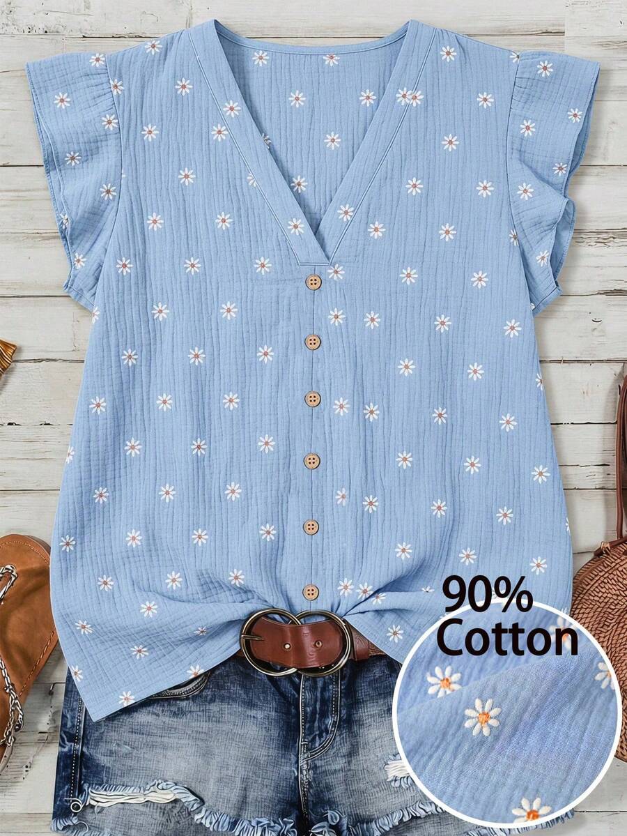 EMERY ROSE Daisy Pattern Ruffle Sleeve Single-Breasted Plus Size Shirt - Blue - View 1