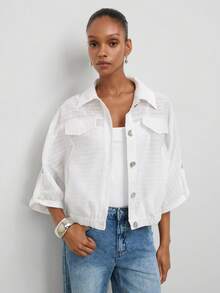 Maija All White Subtle Long Sleeve Fall Shirt Collar Women's Lightweight Jacket With Shell Button Decor Elastic Hem Casual Chic Everyday Travel - White - View 8