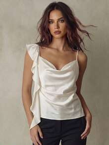 SHEIN Franclia Women's Spring/Summer Elegant Outing & Date Outfit, Satin Camisole Tank Top With Ruffle Trim And Cinched Waist - Apricot - View 1
