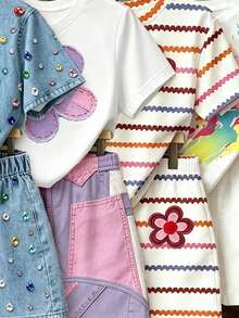 Conjunto de camiseta corta básica y pantalones cortos con estampado de rayas y patchwork floral fresco para niñas - Multicolor - Ver 5