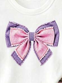 Girls Fresh Purple Pink Bowknot Patchwork Flower Cartoon Face Striped Pattern Basic Short T-Shirt And Shorts School Summer - Multicolor - View 11