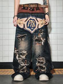 ROMWE MEN Street Life Men's Fashion Design Belted Waist Triple Waistband Printed Jeans - Multicolor - View 5