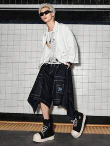 ROMWE MEN Men's Button Letter Pattern Casual Versatile Daily Travel Denim Shorts - Black - View 7