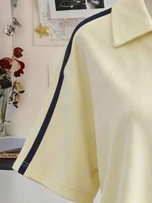 Lalippa 橄欖枝刺繡編織飾邊時尚簡約女款翻領V領落肩短袖T恤，送給朋友的禮物 - 白色 - 查看 3