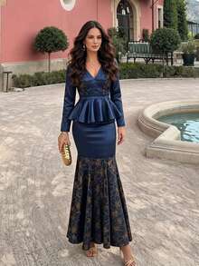 Savoree Summer Women's Fashionable Modern Elegant Shiny Patchwork Gold Thread Jacquard Palace Style Ruffle Navy Blue 2 Pieces Set - Navy Blue - View 3