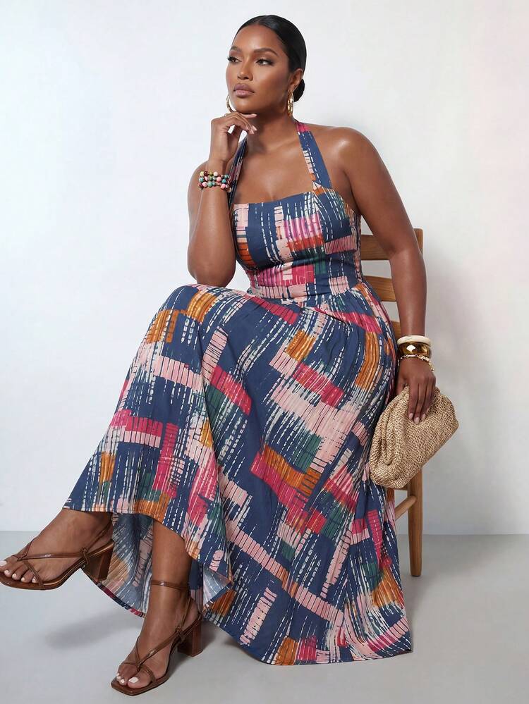 Zivah Plus Size Navy Blue Summer Boho Vacation Holiday Sleeveless Halter Tie Waist A-Line Maxi Dress,Batik Elements Woven Fabric Bohemian Beach Outfit - Multicolor - View 4