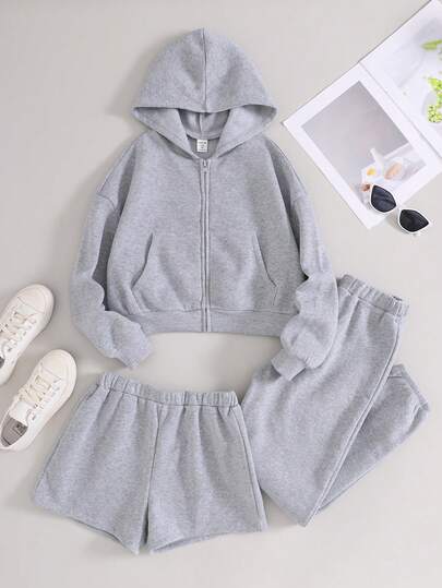 Tween 女童 3 件套休闲秋冬运动服套装：灰色针织连帽长袖运动衫、直筒运动裤、加厚羊毛