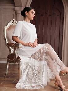 Graceveil Women's Solid Color Round Neck Short Sleeve Lace Hem Elegant Long Dress - White - View 7