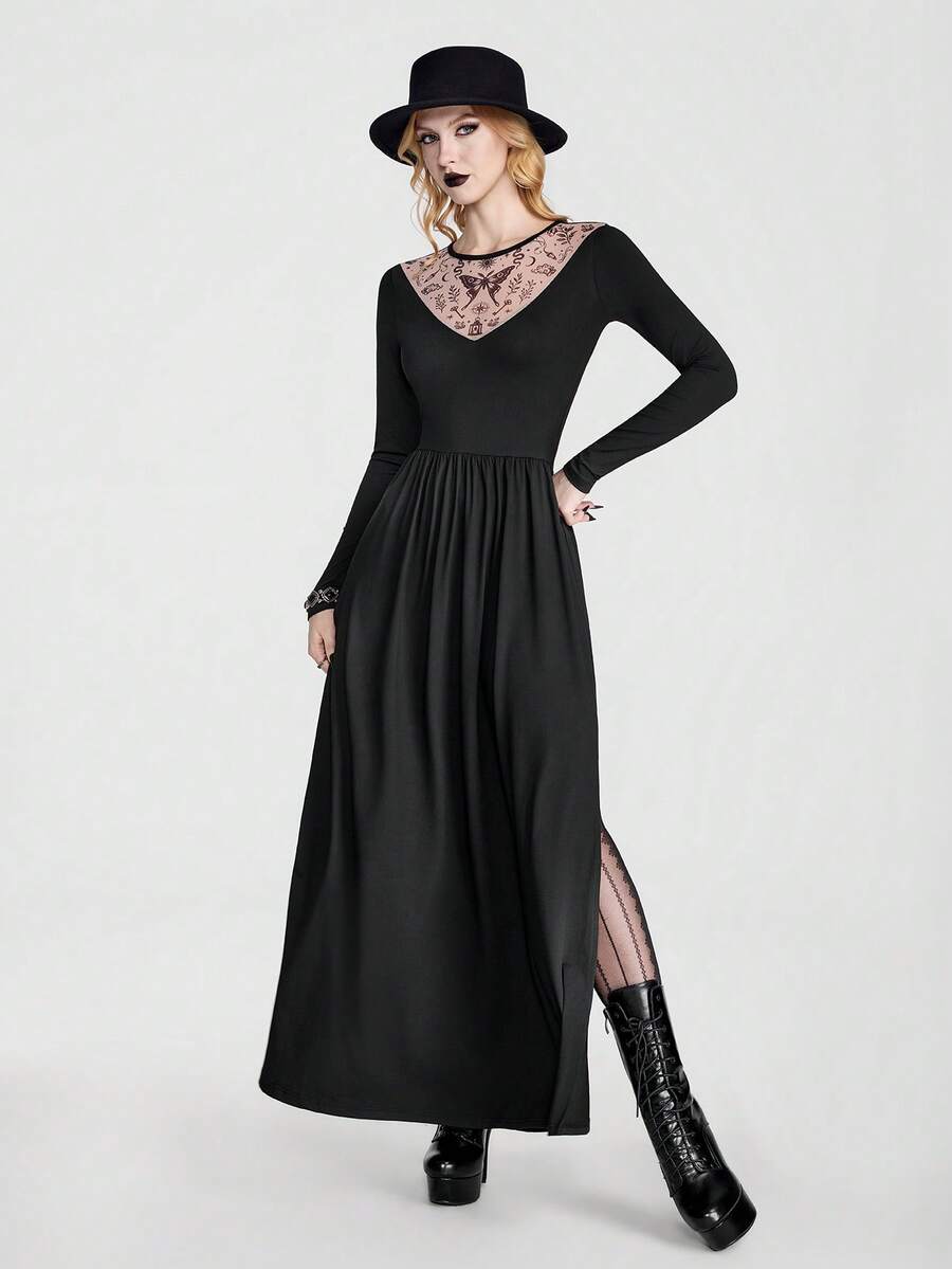 Breakform Vestido punk casual de cuello redondo con patrón de malla en contraste - Negro - Ver 1