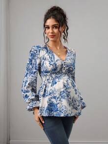 Momance Maternity Floral Print V-Neck Flare Sleeve Elegant Blouse Fall - Blue - View 5