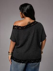 Rustia Plus Size Spring/Summer Contrast Lace Asymmetrical Shoulder Blouse - Black - View 2