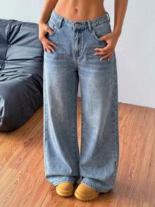 SHEIN Teen Girl Casual Washed Wide Leg Jeans - Medium Wash - View 1