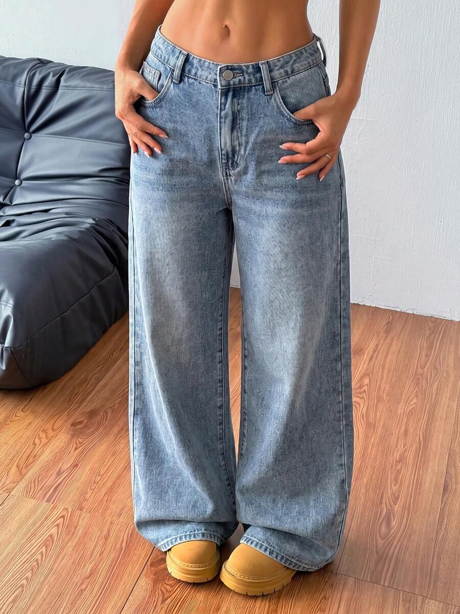 SHEIN Teen Girl Casual Washed Wide Leg Jeans - Medium Wash - View 1