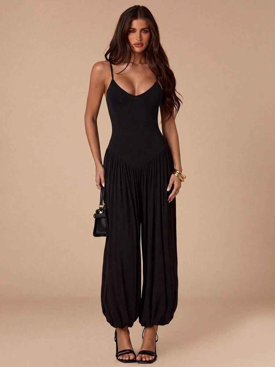 SHEIN BAE Spring/Summer Solid Black Halter Neck Backless Slim Fit Lantern Leg Jumpsuit For Women Night Out Club Sexy - Black - View 1