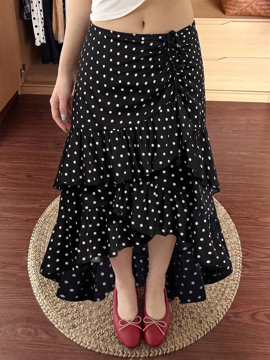 SHEIN MOD 大尺碼女款波點百褶休閒百搭日常穿著裙 - 黑與白 - 查看 1