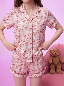 Notgurli Conjunto de pijama de 2 piezas para mujer con estampado de cerezas y cuadros rosas, satén, solapa y manga corta, ropa de descanso casual para vacaciones - Multicolor - Ver 4