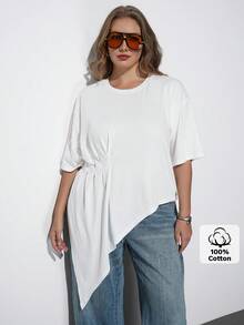 Maija Camiseta de talla grande blanca con cuello redondo, manga corta, diseño de cintura con dobladillo asimétrico, estilo moderno de vacaciones casual de bajo perfil, estilo de dinero antiguo de calidad premium, ropa de crucero, minimalista de lujo de Oriente Medio, textura esencial, atuendo de moda, casual de negocios, ropa de oficina urbana para mujeres, ropa de viaje de alta calidad, versátil para todas las estaciones - Blanco - Ver 1