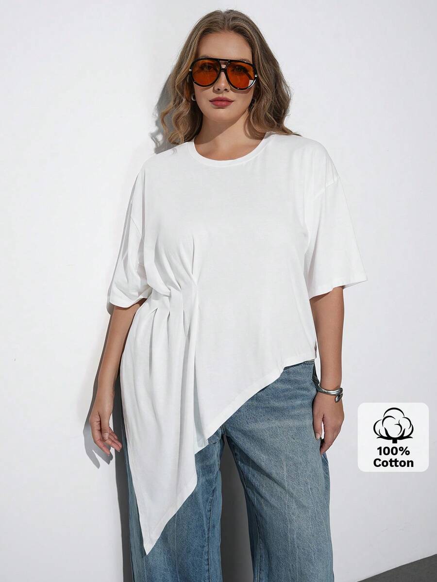 Maija Camiseta de talla grande blanca con cuello redondo, manga corta, diseño de cintura con dobladillo asimétrico, estilo moderno de vacaciones casual de bajo perfil, estilo de dinero antiguo de calidad premium, ropa de crucero, minimalista de lujo de Oriente Medio, textura esencial, atuendo de moda, casual de negocios, ropa de oficina urbana para mujeres, ropa de viaje de alta calidad, versátil para todas las estaciones - Blanco - Ver 1