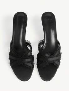 CUCCOO CHICEST Sandal Wanita Musim Panas Terbaru dengan Tali Hitam dan Pinggiran Renda, Hak Tinggi, Ujung Bulat, Hak Sedang, dan Ujung Terbuka, Cocok untuk Penggunaan Sehari-hari yang Serbaguna dan Nyaman. - Simulasi sutra hitam 1 # - View 7