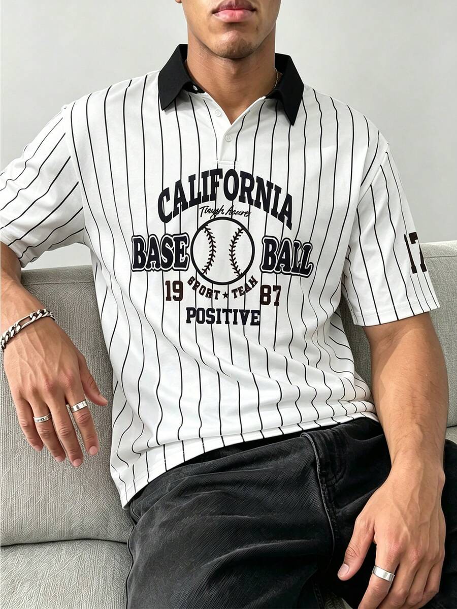 Gym Rark Men's Striped Letter Print Sports Polo Shirt, Gym - White - View 1