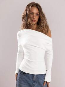 SHEIN BAE 女款優雅通勤純色不對稱領上衣 - 白色 - 查看 6
