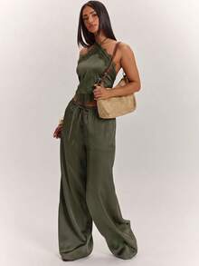 SHEIN BAE 女款純色對比蕾絲掛脖上衣與長褲優雅套裝 - 軍綠色 - 查看 3