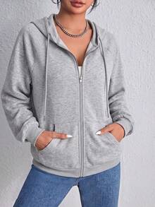 SHEIN EZwear 拉鍊式插肩袖抽繩運動衫，秋冬長袖上衣，淺灰色女款運動衫 - 淺灰色 - 查看 6
