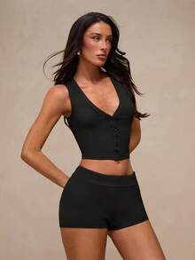 Glamine Black Deep V-Neck Sleeveless Ribbed High Elastic Button-Front Sports Tank Top & Shorts Set, Running Workout Athletic Outfit, High Elastic Yoga Wear - Black - View 5