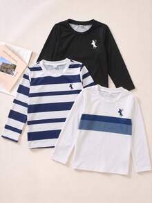 SHEIN Genkimix Kids 3件裝字母印花圓領長袖T恤，精緻且有意義的字母印花，活潑有趣，舒適柔軟面料 - 彩色 - 查看 3