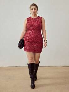 MOTF PREMIUM PLUS SIZE WOMEN'S PU LEATHER HOLLOW EMBROIDERY TANK DRESS WITHOUT BELT FALL - Red - View 3