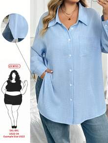 SHEIN CURVE+ 大尺碼秋季時尚休閒寬鬆淺藍色鈕扣長袖襯衫，2026年冬季 22W - 藍色 - 查看 7