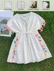 SHEIN LMoss Kids 少女度假休閒流蘇裝飾抽繩腰身洋裝 - 白色 - 查看 8