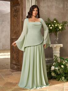 Aureia Plus Size Elegant Sage Green Chiffon Trumpet Sleeve 2 In 1 A-Line Maxi Dress Suitable For Wedding Party Ball Birthday Bridesmaid - Green - View 9