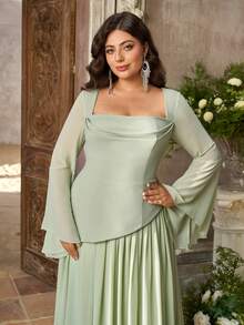 Aureia Plus Size Elegant Sage Green Chiffon Trumpet Sleeve 2 In 1 A-Line Maxi Dress Suitable For Wedding Party Ball Birthday Bridesmaid - Green - View 11