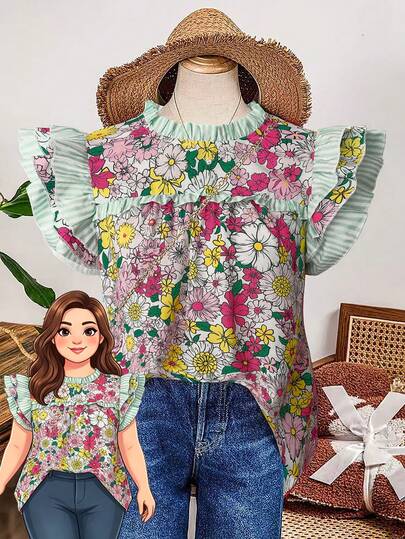 Linhara Áo sơ mi nữ size lớn họa tiết hoa phong cách thường ngày đa năng mặc hằng ngày