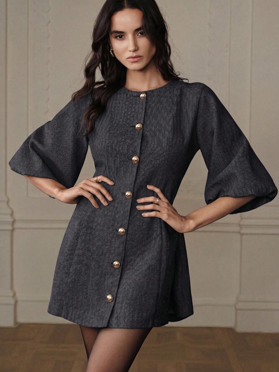 BELROSIE Fashionable Elegant Lantern Sleeve Herringbone Wool Front Button Mini Dress - Blue - View 1