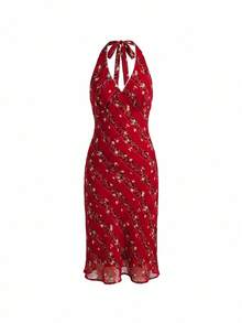 lacRébo Vintage Red Midi Dress With Diagonal Floral Print, Halter Neckline, And Open Back Elegant Style Chic - Red - View 7