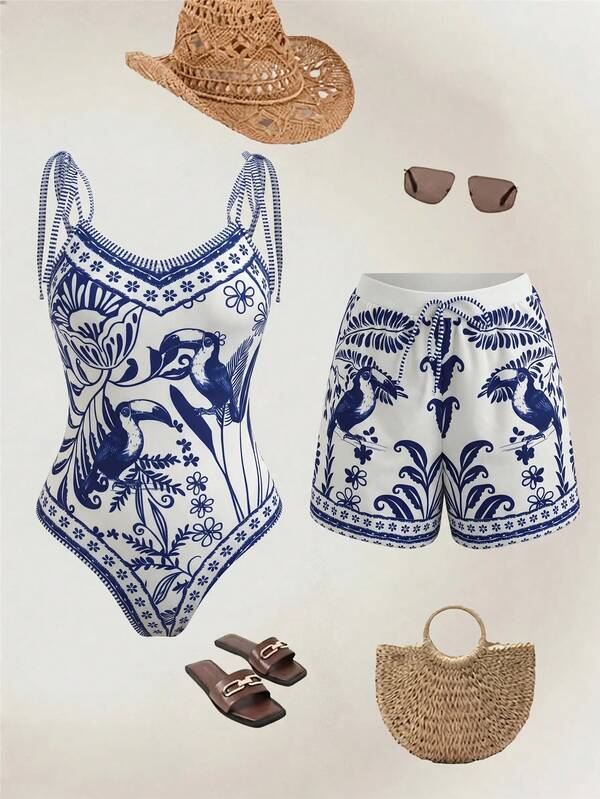 Swim Oasis 26SS Spring/Summer Vacation Fish BOHO Style One-Piece Swimsuit With Shorts 2 Pieces Set