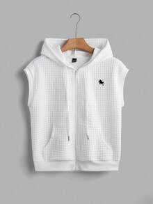 SHEIN EZwear 女款休閒極簡風馬標繡花無袖開襟連帽衛衣，秋冬夏季適用，度假外出穿搭，黑白配色 - 白色 - 查看 1